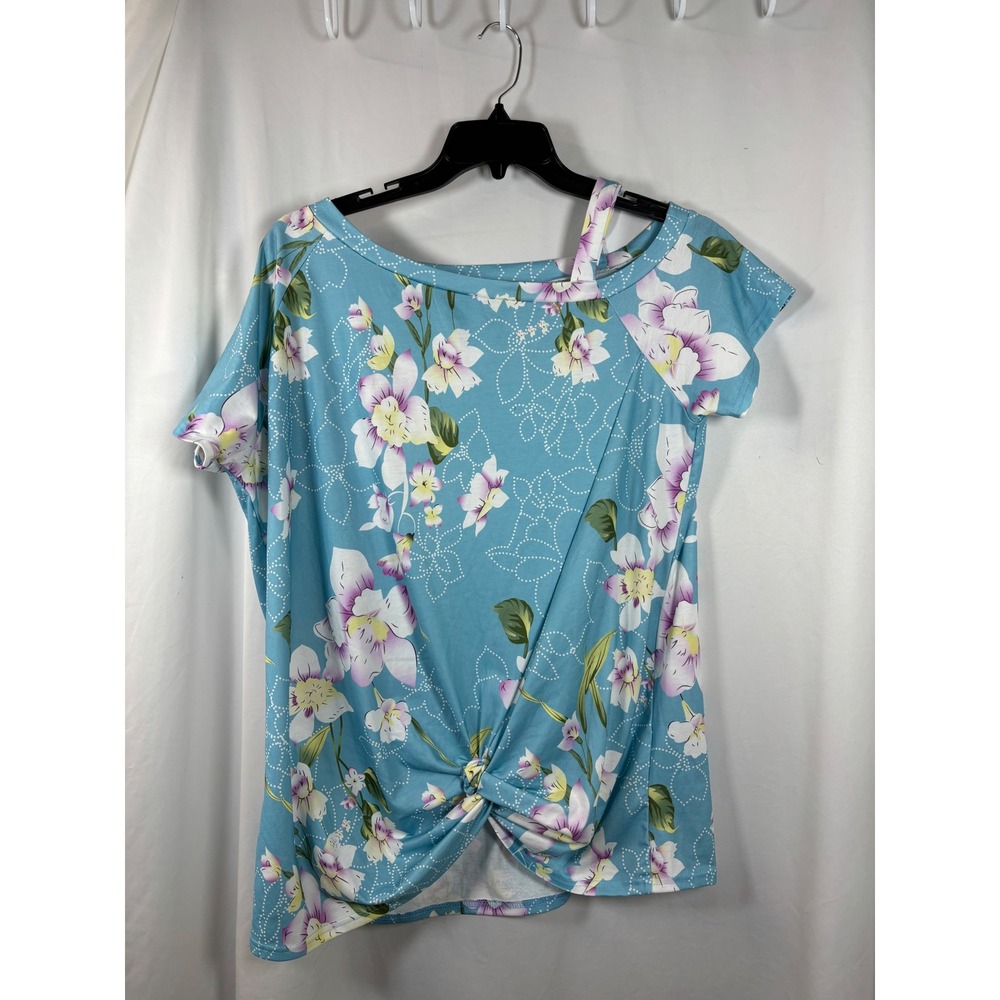 HBEYYTO Women XXL Blue Floral Cold Shoulder Front Knot Twist T-Shirt Top